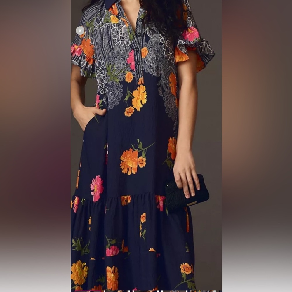 Anthropologie Navy Floral Maxi Dress